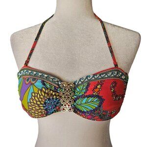 Trina Turk Size Small Swim Bikini Top Metal Detail Bandeau Tie Halter Multicolor